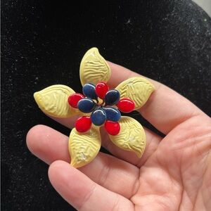 Vintage Floral Brooch with Red and Blue Accents